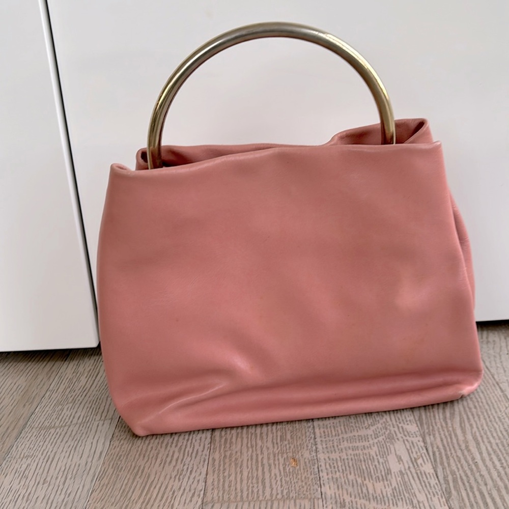 Y2K bag. Pink soft leather. Made in Italy. Gold metal handle.